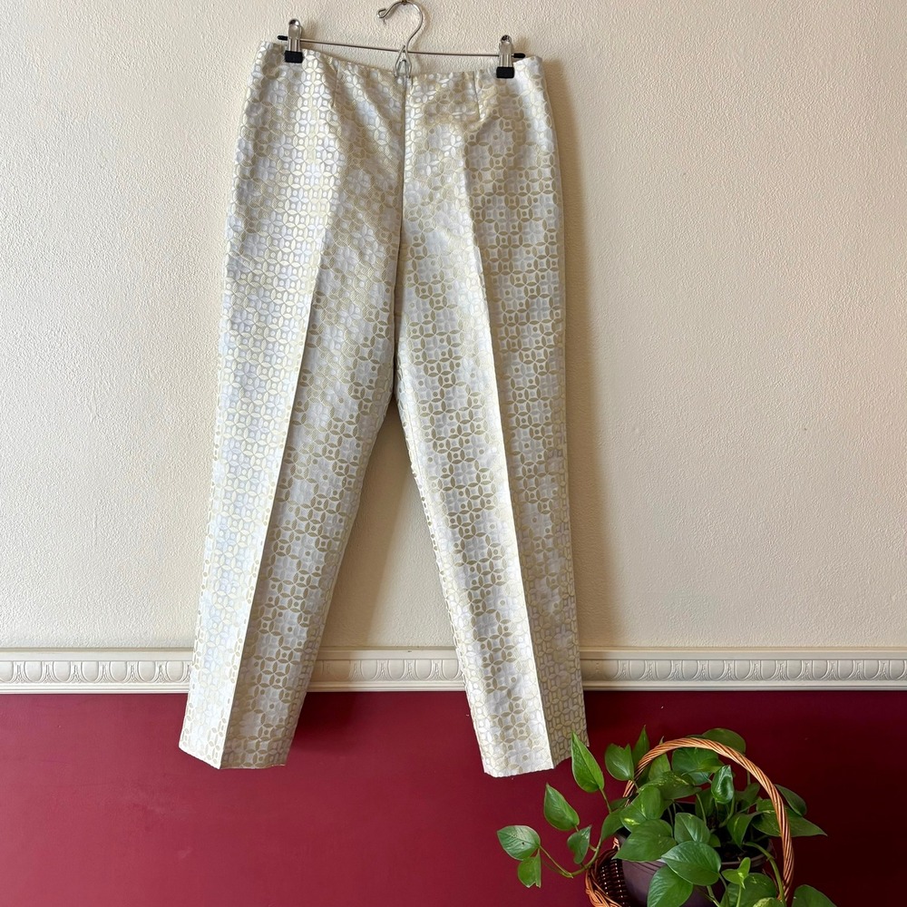 Sigrid Olsen Collection Silk Cotton Jacquard Gold Silver Geometric Pants Size 10